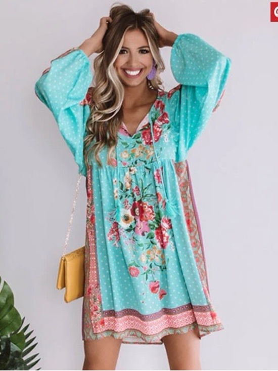 Umgee Dresses & Skirts - Umgee Boho Mixed Floral Print Babydoll Dress Teal Tassel Long Sleeve Ocean Large